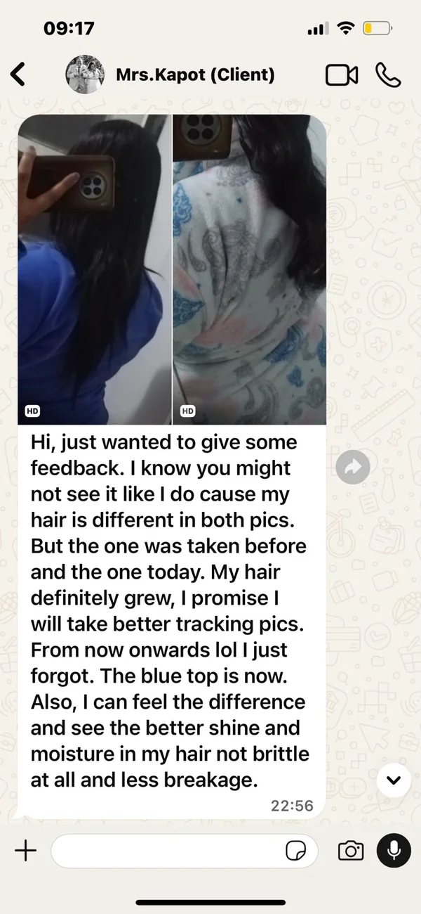 WhatsApp customer feedback with before and after hair photos