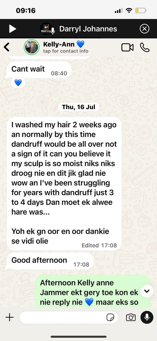 WhatsApp customer feedback about scalp experience